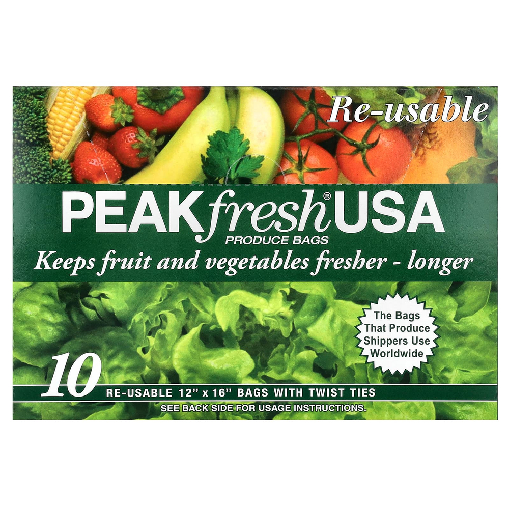 PEAKfresh USA, многоразовые пакеты с затяжками для хранения продуктов, 10 шт.