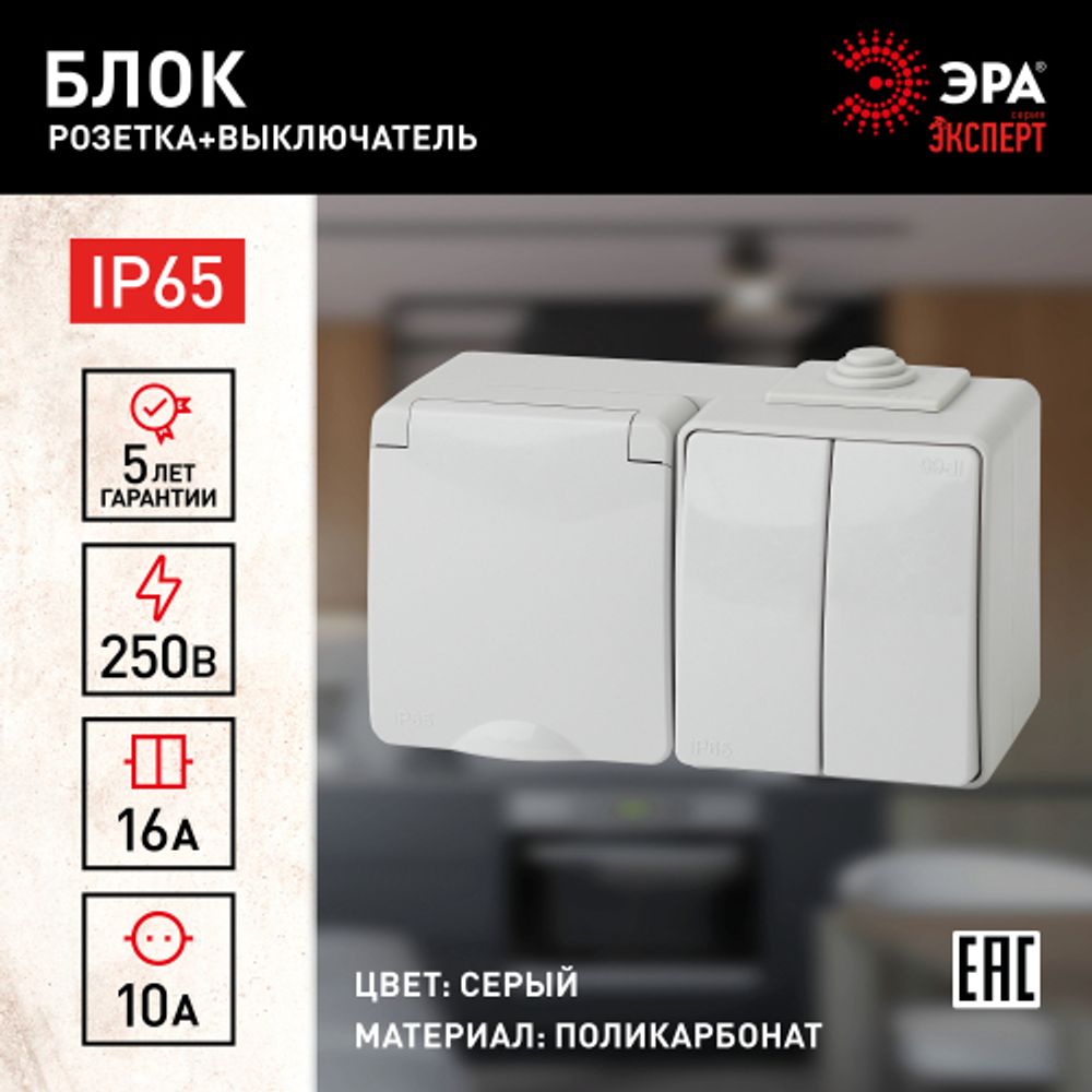 11-7602-03 ЭРА Блок розетка+выкл. двойн. гориз. IP65, 16A(10AX)-250В, ОУ, Эра Эксперт, серый