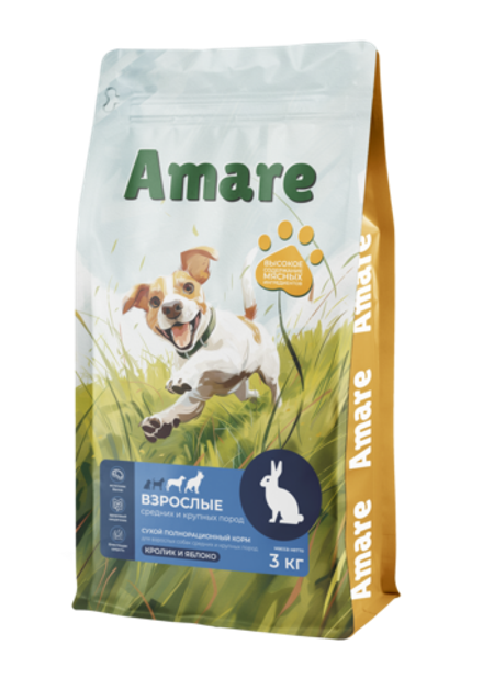 Amare Сухой полнорационный корм для взрослых собак средних и крупных пород кролик и яблоко 3 кг
