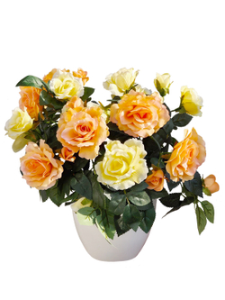 Искусственные цветы Розы желто-оранжевые густые в белом кашпо