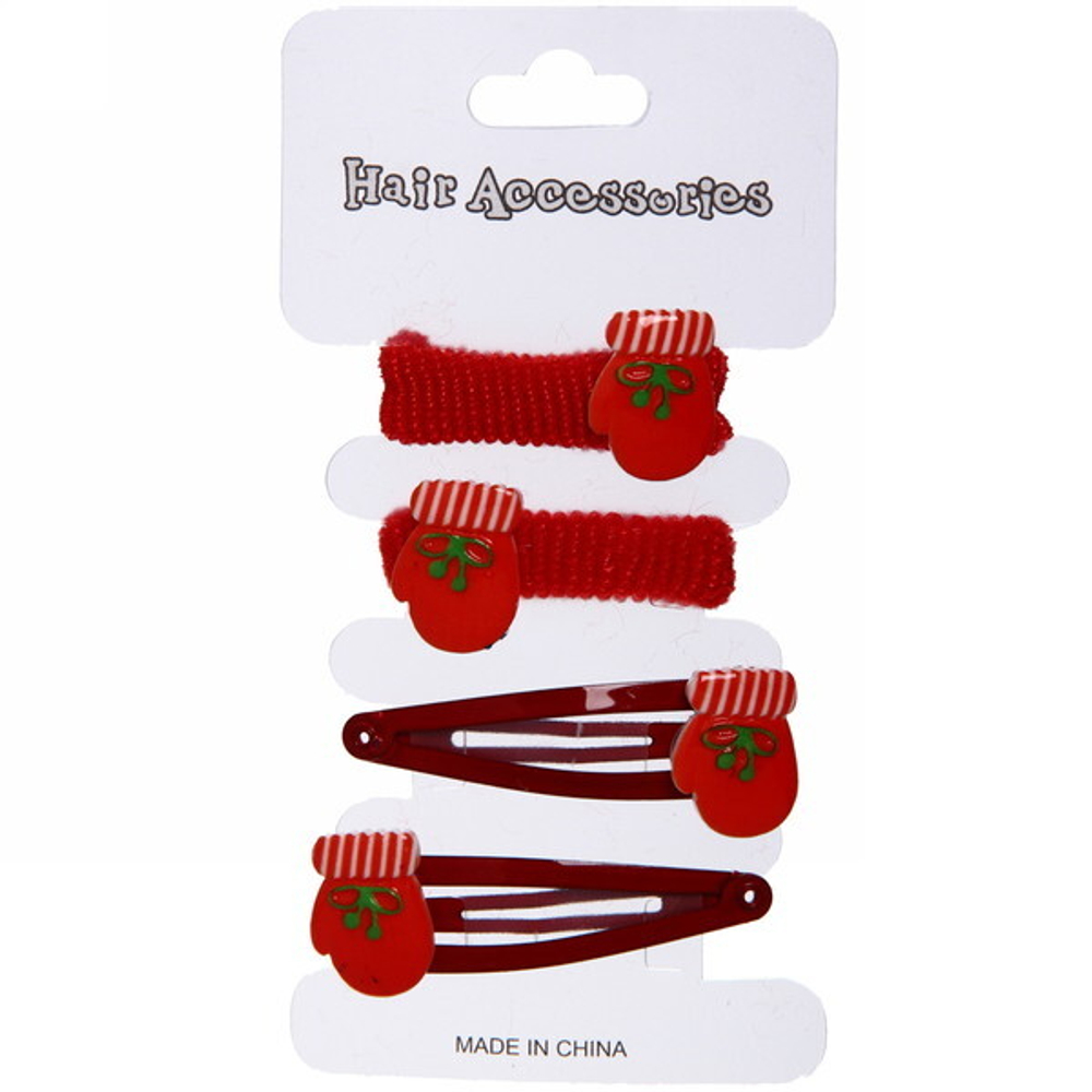 Аксессуары для волос детские 4шт. «Сказка - Варежки», цвет красный, 2 резинки 3 см. и 2 зажима 5см.