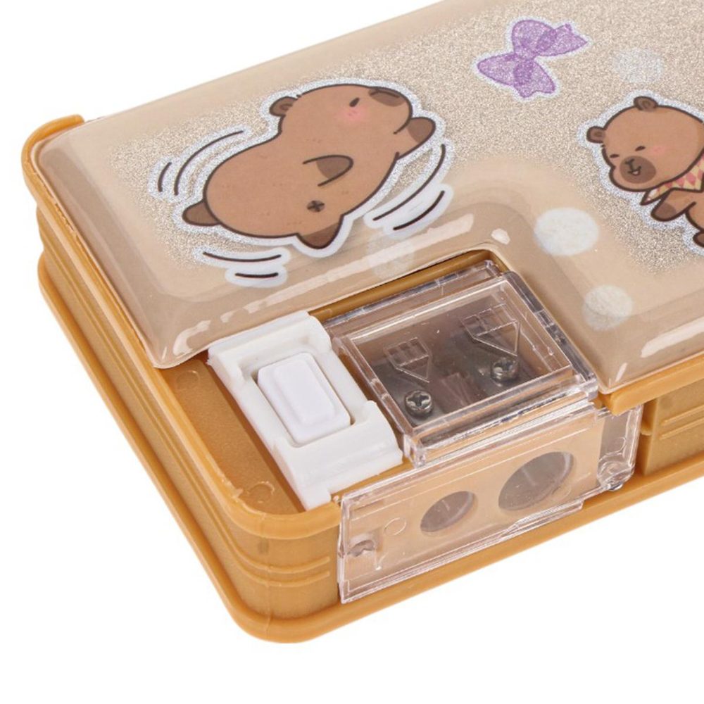 Пенал пластиковый "Капибара" с блестками, 2 отв., с точилкой, 3 вида микс