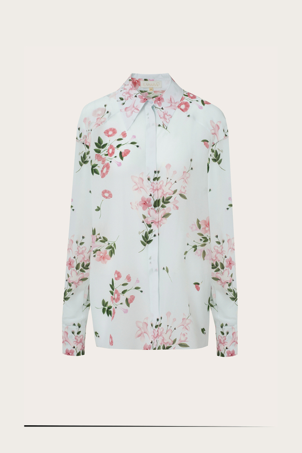 БЛУЗА ИЗ ГОЛУБОГО ШЕЛКА С АВТОРСКИМ ПРИНТОМ