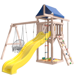 Детская площадка неокрашенная с качелями лодочка и подвесным плетеным креслом IgroWoods для улицы и дачи