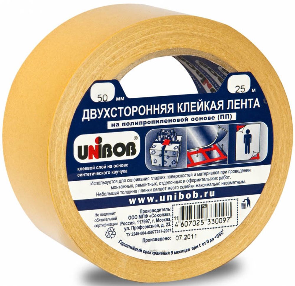 Скотч двусторонний UNIBOB 38 мм х 25 м полипропилен