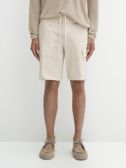 Massimo Dutti Шорты карго из смесового хлопкового поплина, песочный