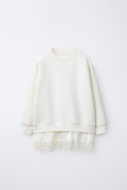 ZARA ТОЛСТОВКА С КОМБИНИРОВАННЫМ КРУЖЕВОМ, ЭКРЮ