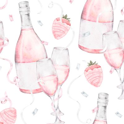 Розовое игристое, бутылки и бокалы с шампанским, ленточки и конфетти