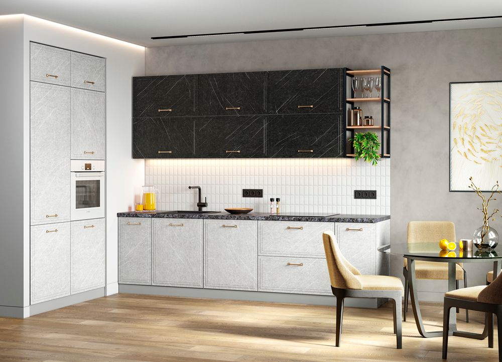 Модульный кухонный гарнитур «Риволи» мм (Мрамор арктик/ Гранит оникс), ЛДСП/МДФ, ДСВ Мебель