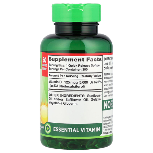 Nature's Truth, Высокоэффективный витамин D3, 125 мкг (5000 МЕ), 300 капсул быстрого высвобождения