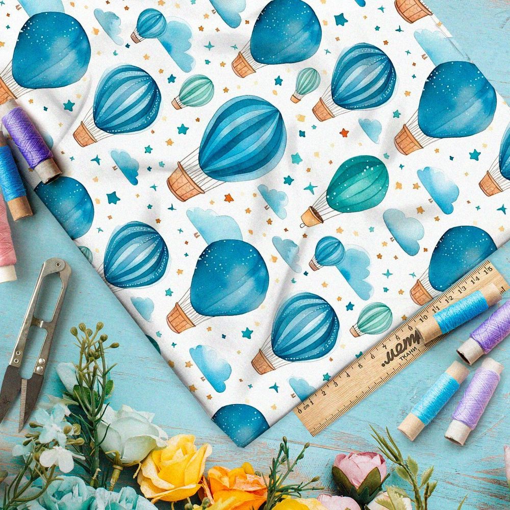 Ткань премиум атлас голубые воздушные шарики