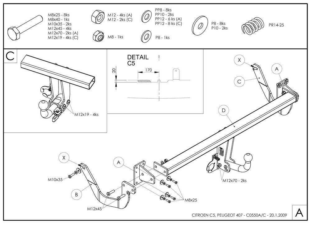 Фаркоп оцинкованный Galia C055A для Citroen C5 III седан 2008-2017, Peugeot 407 седан 2004-2010(паспорт и сертификат в комплекте)(без электрики)