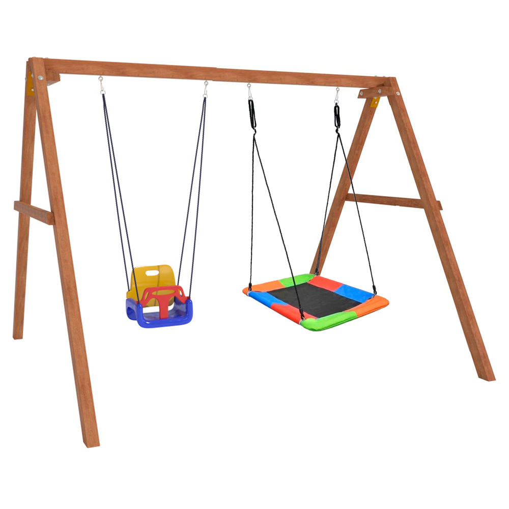 Деревянные качели с разноцветным гнездом Лодка и качелями со спинкой