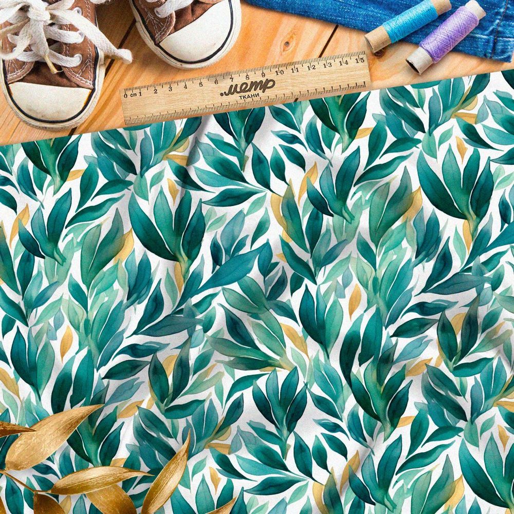 Ткань премиум Оксфорд 600D зеленые акварельные листья