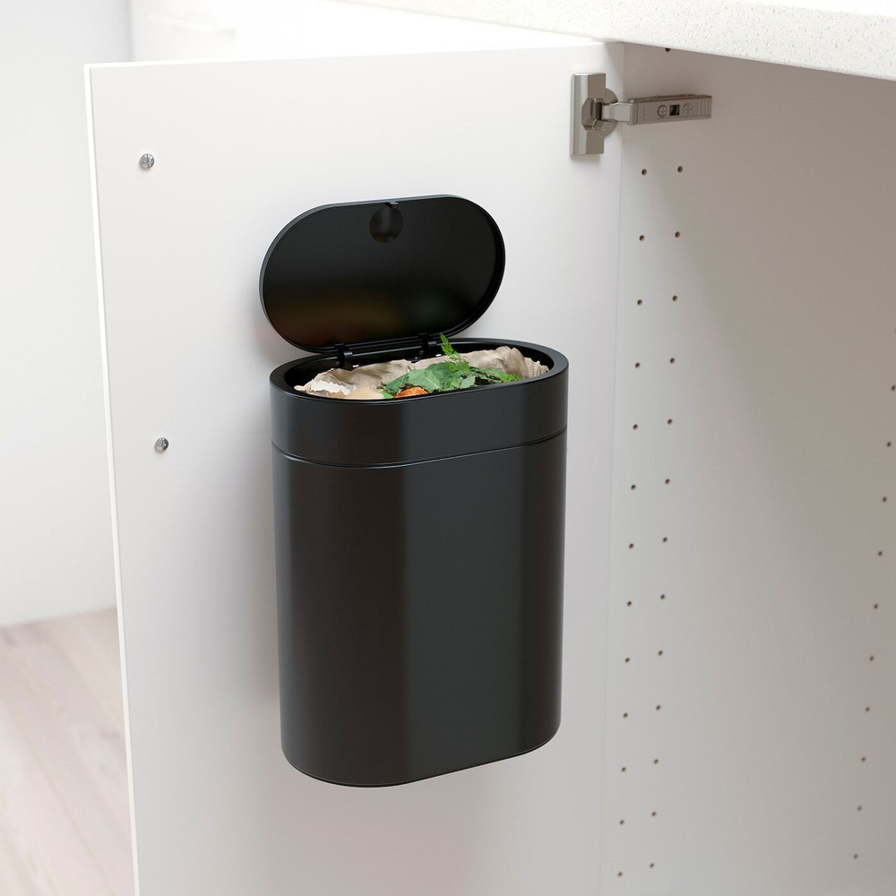 IKEA BROGRUND  (ИКЕА БРОГРУНД)  -  Кнопочная корзина с крышкой, черная, 4 л