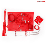 Красный набор БДСМ в сумке: маска, ошейник с поводком, наручники, оковы, плеть (Цвет: красный)