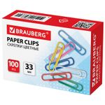 Скрепки BRAUBERG, 33 мм, цветные, 100 шт., в картонной коробке, 270444