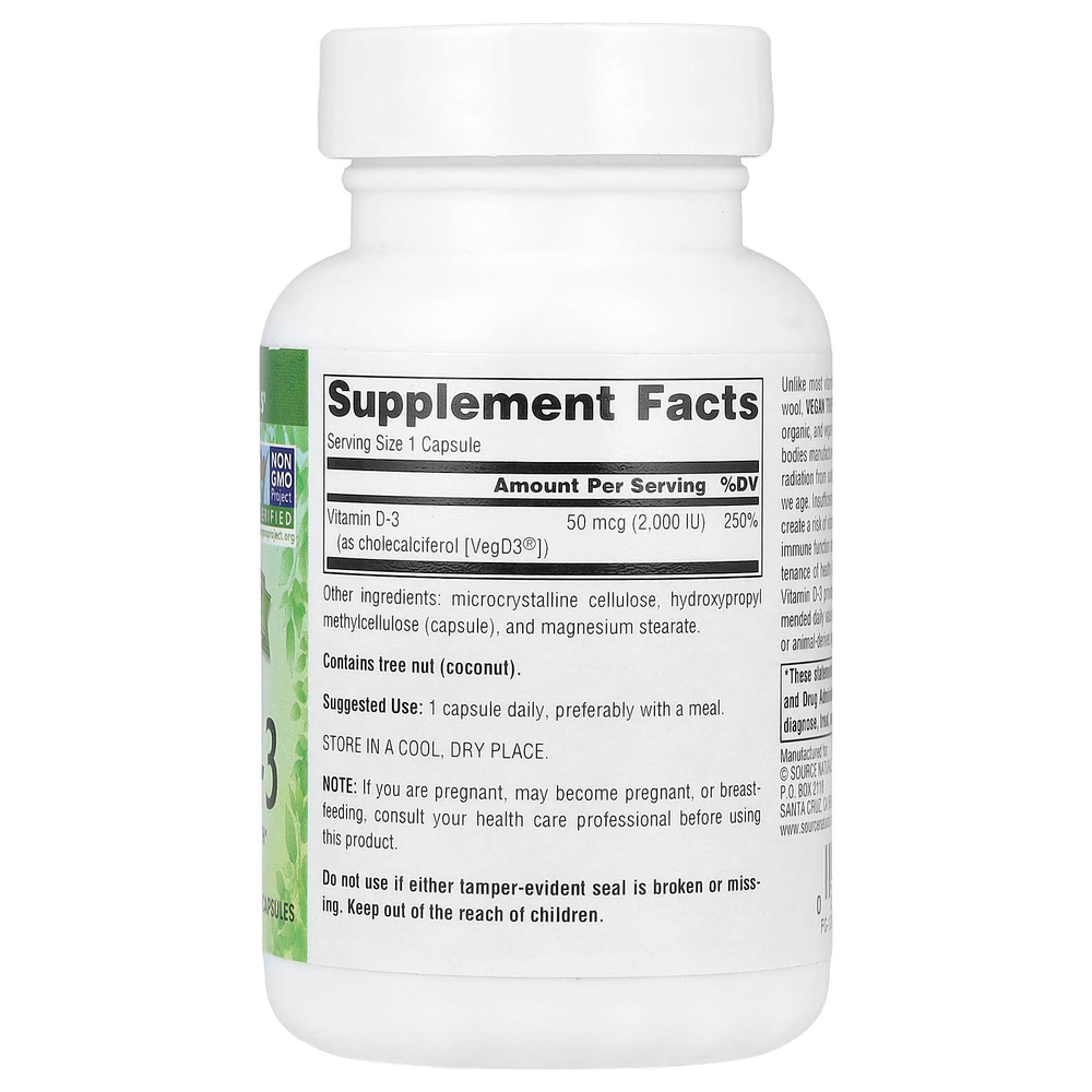 Source Naturals, Vegan True®, витамин D3 без ГМО, 50 мкг (2000 МЕ), 120 веганских капсул