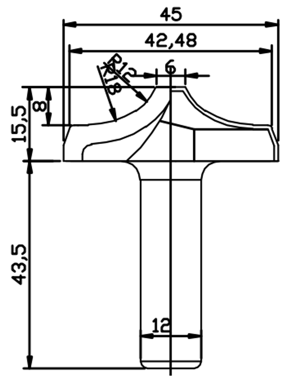 PCD профильная фреза D.45x15,5 S.12x43,5 Z2