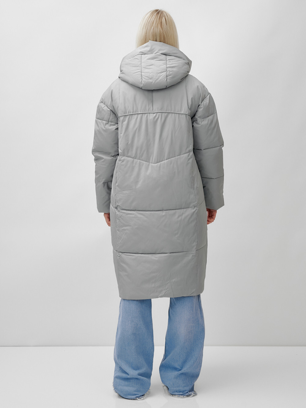 Пальто летучая мышь женское с капюшоном зимнее серого цвета 9616Sr