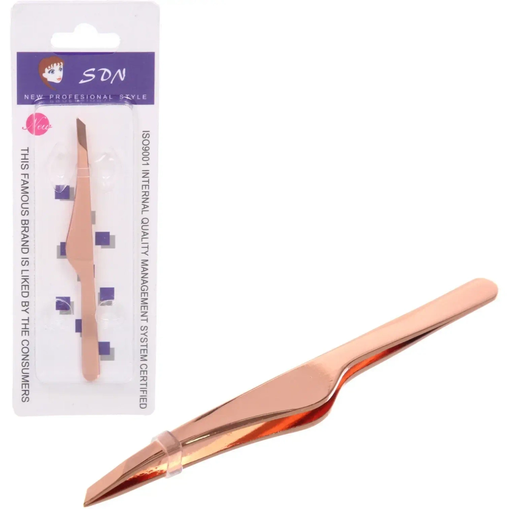 Пинцет для бровей из нержавеющей стали на блистере «Bon Kapriz», скошеный, цвет золото, 9,5см