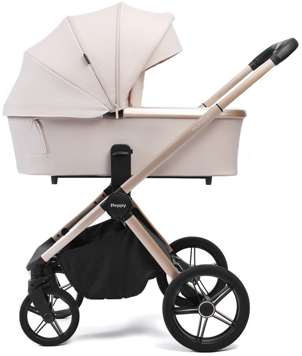 Детская коляска Peppy Monaco 3 в 1 с автокреслом Verona Beige Beige (бежевый), рама беж, шлифованный алюминий