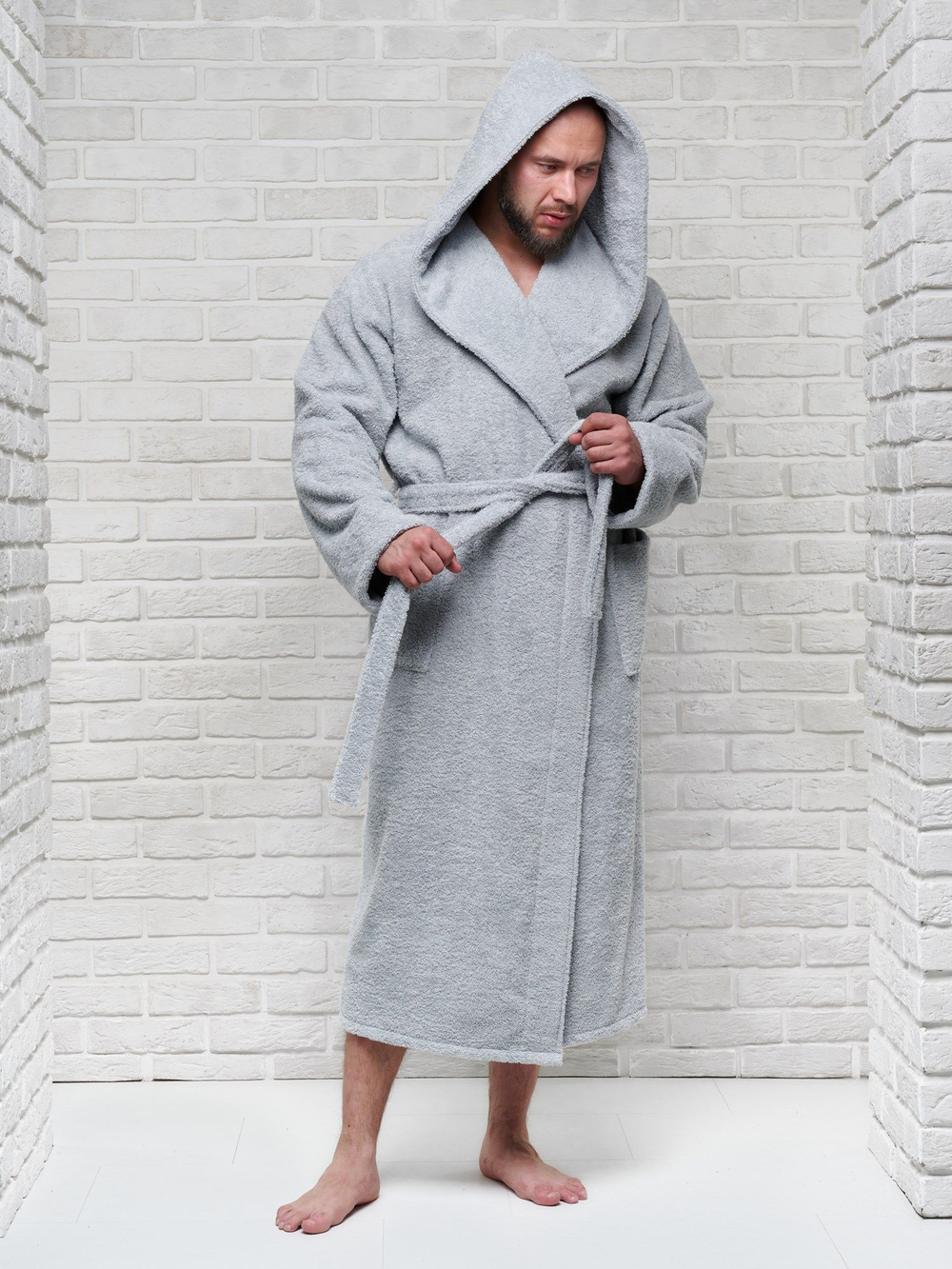 Халат махровый с капюшоном 52-54 светло-серый