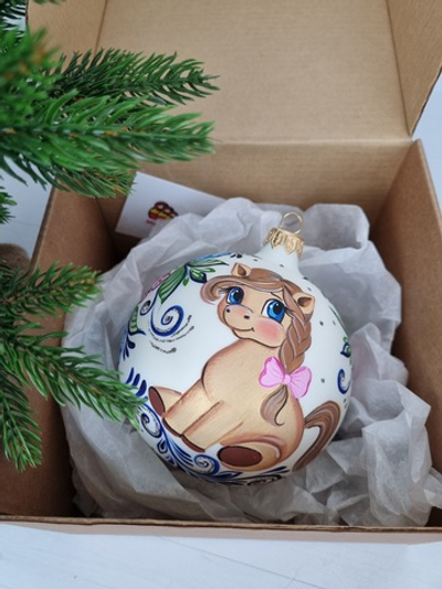 Шар стеклянный "Пони" городецкая роспись, ручная работа