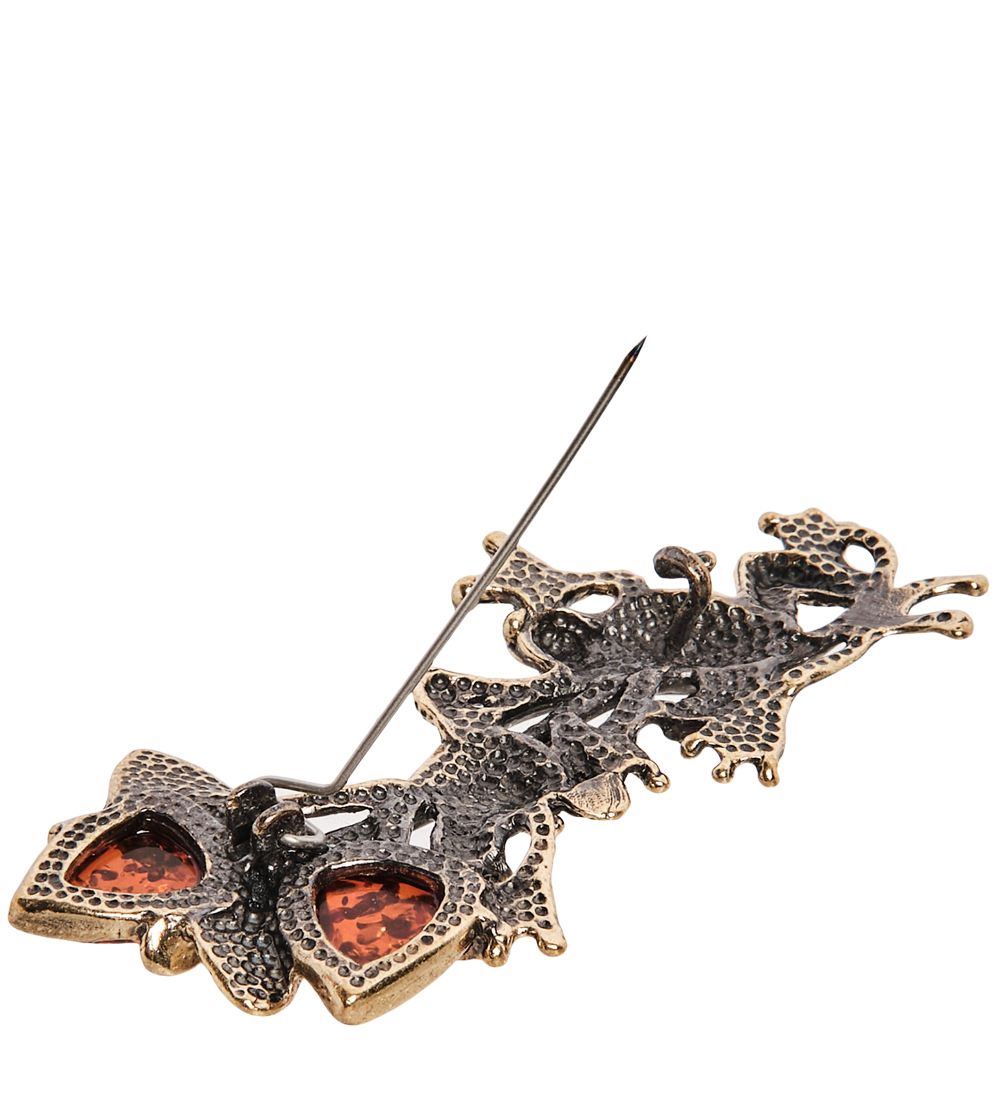 AM-2359 Брошь «Лягушки в кувшинках» (латунь, янтарь)