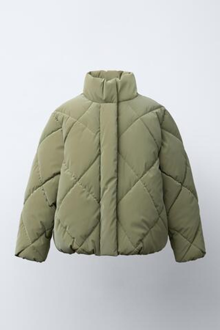 ZARA СТЕГАНАЯ КУРТКА ИЗ ПРОРЕЗИНЕННОЙ ТКАНИ, ХАКИ