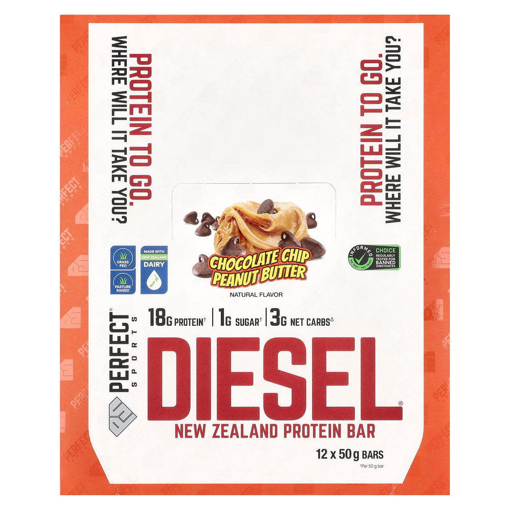 PERFECT Sports, Diesel, новозеландский протеиновый батончик, шоколадная крошка и арахисовая паста, 12 батончиков по 50 г
