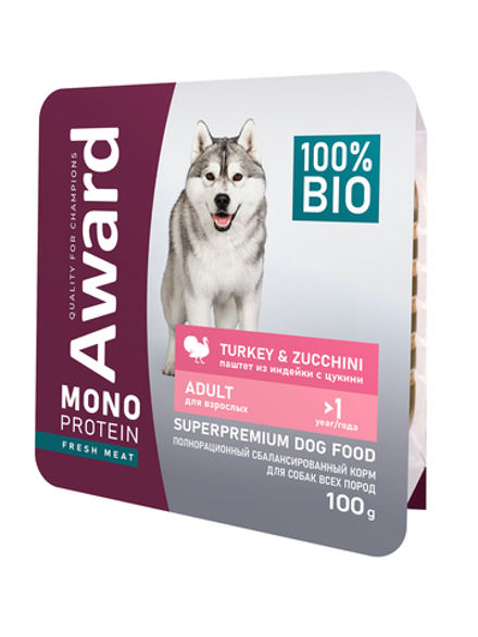 Влажный корм AWARD Monoprotein для взрослых собак паштет из индейки с цукини 100г
