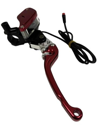 Ручка тормоза правая красная (перепускной болт М10) с датчиком (julet 2pin) и креплением зеркала М8 для электровелосипедов