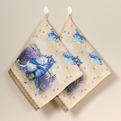 НАБОР ПОЛОТЕНЕЦ ИЗ 2Х ШТ "СИНИЕ КОТЫ. ЛАВАНДА",40Х70СМ, 100% ХЛОПОК,ТВИЛ, БЕЖ