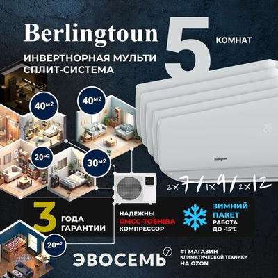 Инверторная мульти сплит-система Berlingtoun на 5 комнат (20м2x2 + 30м2 + 40м2x2) BMO-42/5AIN1/BMI-07AIN1x2 + BMI-09AIN1 + BMI-12AIN1x2