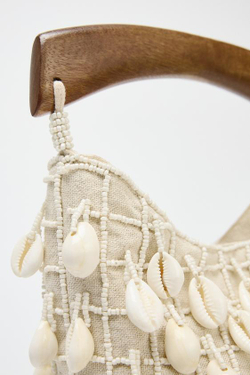 ZARA ТКАНЕВАЯ СУМКА-МЕШОК С БУСИНАМИ, СВЕТЛО-БЕЖЕВЫЙ