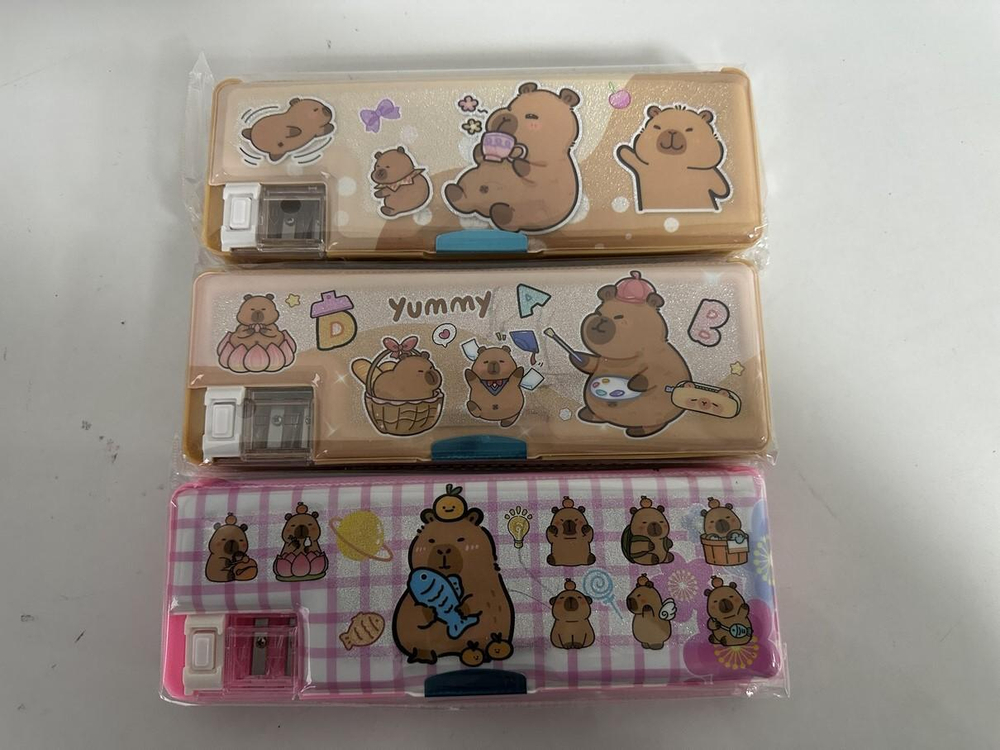 Пенал пластиковый "Капибара. С рыбой" с блестками, 2 отв., с точилкой