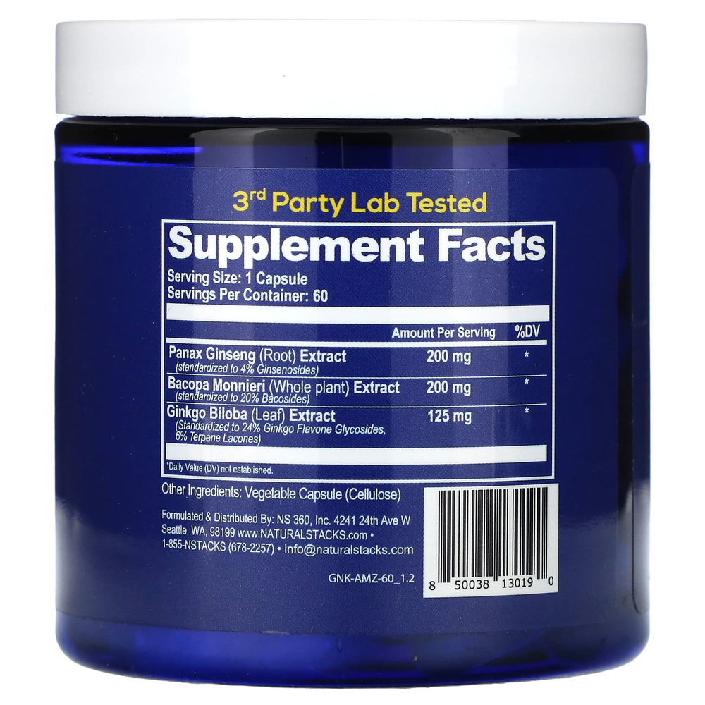 Natural Stacks, гинкго+ для поддержки мозга, 60 веганских капсул