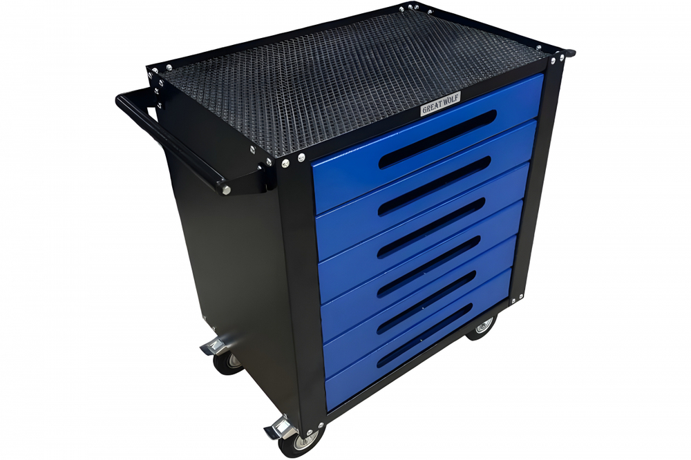 Инструментальная тележка GWT-B6S (6 ящиков, ЦЗ, увеличенные колеса с тормозом, доводчики, синяя)