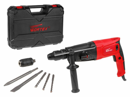 Перфоратор WORTEX RH 2629 в чем. + (2 зубила, 3 сверла) 800 Вт, 3.0 Дж, 26 мм, 4 режима, SDS-plus