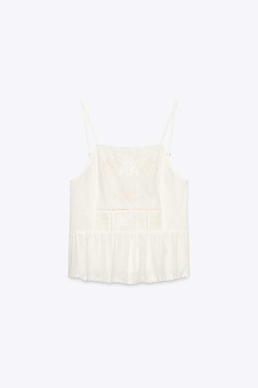 ZARA ТОП С ЦВЕТОЧНОЙ ВЫШИВКОЙ И ЗАВЯЗКАМИ, ЖЕЛТОВАТО-БЕЛЫЙ