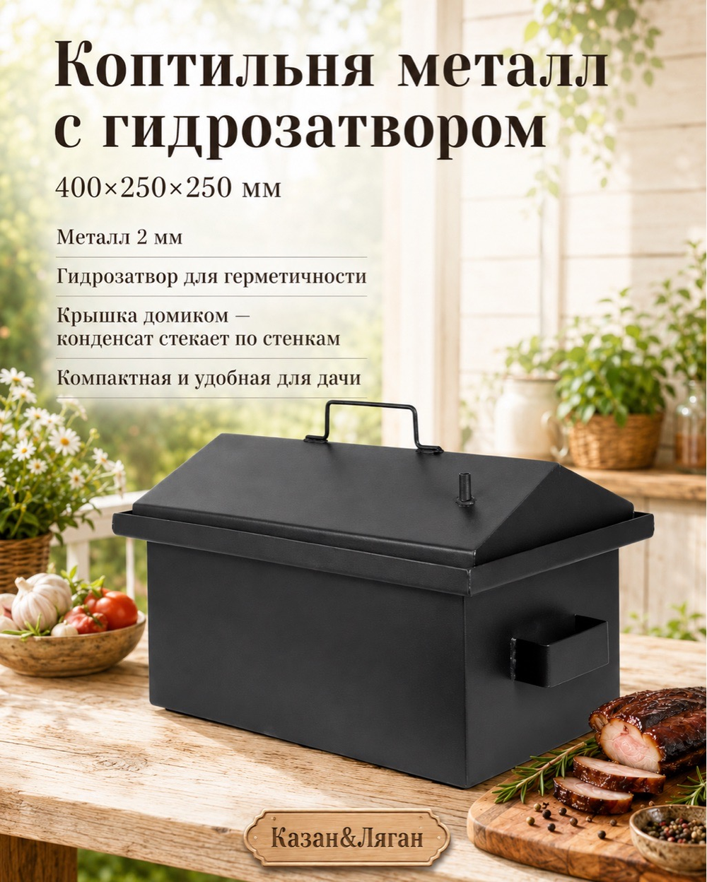 Коптильня металл с г-з кр.домиком 400х250х250х2 мм