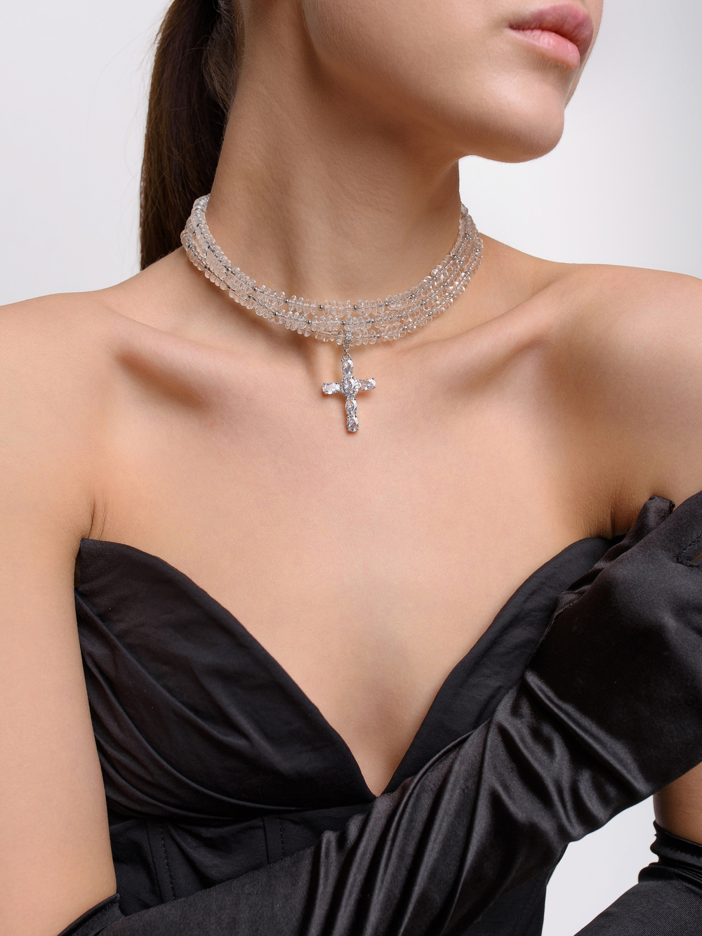 Колье "Trio cross" из горного хрусталя Silver