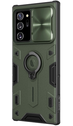 Чехол темно зеленого цвета на Samsung Galaxy Note 20 с защитой камеры от Nillkin серия CamShield Armor Case (металлическая крышка камеры)