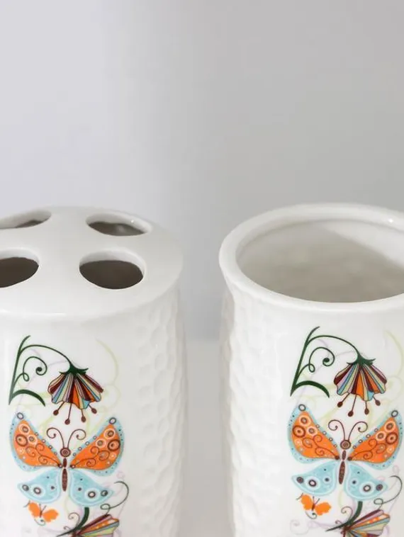 Набор аксессуаров для ванной комнаты Долян «Осенняя бабочка», 4 предмета (дозатор 250 мл, мыльница, 2 стакана)