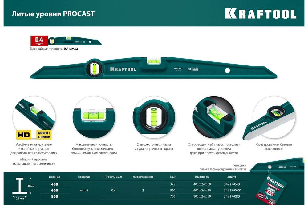 KRAFTOOL  PROCAST 800 мм,  Литой уровень (34717-080)