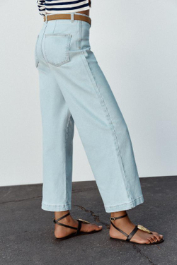 ZARA ДЖИНСЫ Z1975 WIDE LEG CROPPED С ВЫСОКОЙ ПОСАДКОЙ И РЕМНЕМ, ГОЛУБОЙ
