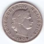 20 раппенов 1909 год. Швейцария. Никель VF-XF