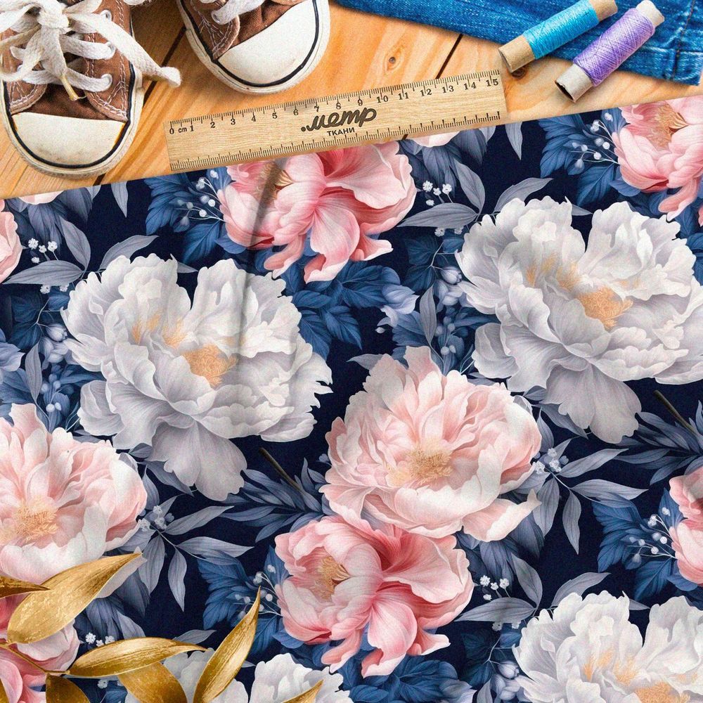 Ткань Барби цветущие пионы на темном
