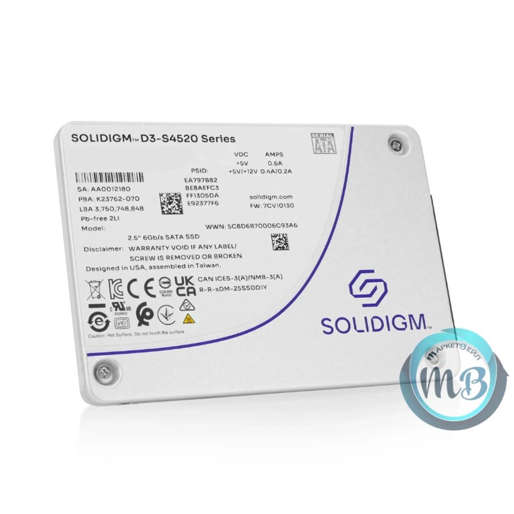 Твердотельный накопитель SSD 3840GB Solidigm D3-S4520 Series, 2.5", SATA III, [R/W - 550/510 MB/s] TBW 15300 OEM